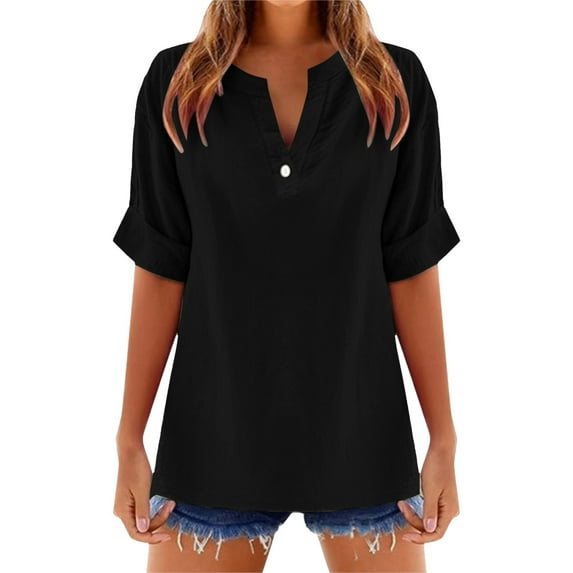 Women's Solid Color V Neck Short Sleeve Linen Blend Blouse Stylish And Comfortable For Casual Wear