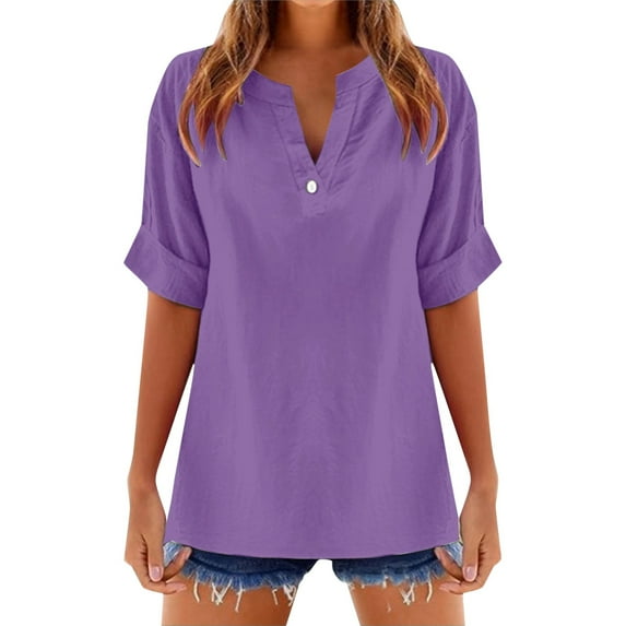 Women's Solid Color V Neck Short Sleeve Linen Blend Blouse Stylish And Comfortable For Casual Wear