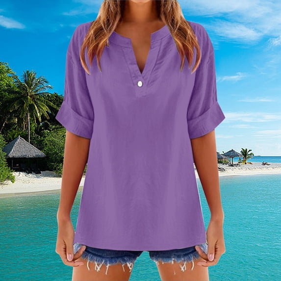 Women's Solid Color V Neck Short Sleeve Linen Blend Blouse Stylish and Comfortable for Casual Wear Plain Casual T Shirts for Women Spandex T Shirts for Women Yoga Shirts Women Shirt for Juniors
