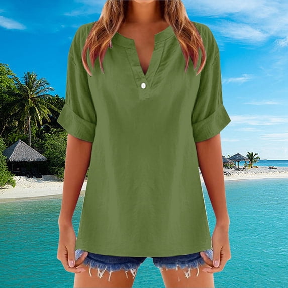 Women's Solid Color V Neck Short Sleeve Linen Blend Blouse Stylish And Comfortable For Casual Wear Womens Solid T Shirts Short Sleeve Athletic Shirt Women Ladies Tees And Tops Women Top Tee Long