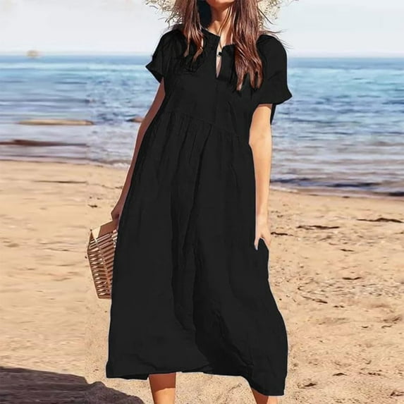 Women's Solid Color V Neck Short Sleeve Loose Casual Long Dress Dresses for Women Casual Cute Womens Dresses for Summer Plain Summer Dresses Smocked Dresses for Women Womens Dress Clothes Women plus