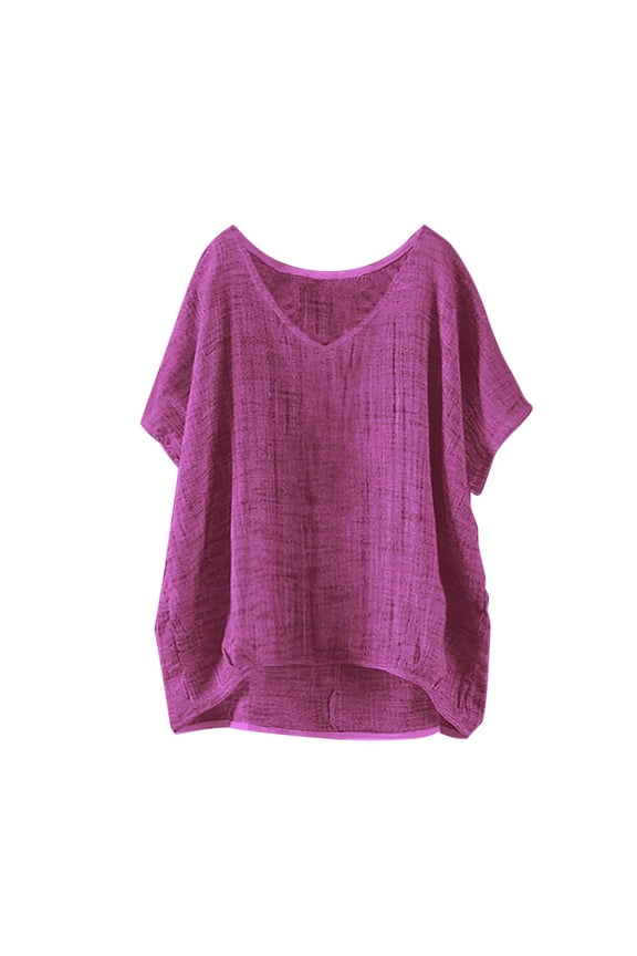 Women's Solid Color V-Neck Short Sleeve T-Shirt, Casual Loose Fit Breathable Cotton Linen Top for Summer Hot Weather Comfort, Beach Vacations, Daily Errands, and Boho Style Outfits Purple XXL