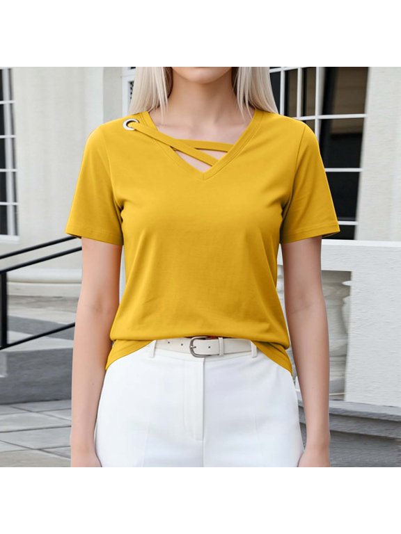 Women's Solid Color V Neck Short Sleeve T Shirt Top, Trendy Design with Loose Plus Size Fit for Students, for Summer Daily Wear or Casual Going Out Yellow