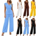 thumbnail image 1 of Women's Solid Color V-Neck Sleeveless 2-Piece Outfit Button Tie Detail Top with Straight Leg Pants Set Blue XL(XL), 1 of 7