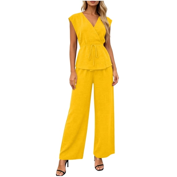 Women's Solid Color V-Neck Sleeveless 2-Piece Outfit Button Tie Detail Top with Straight Leg Pants Set Yellow L(L)