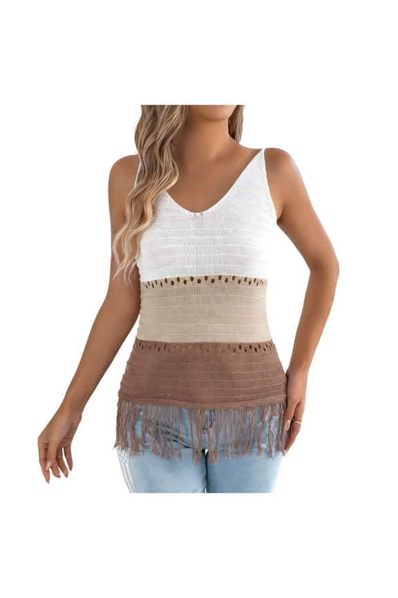 Women's Solid Color V Neck Sleeveless Fringe Hem Camisole Top Casual Summer Blouse Boho Chic Detail Going Out Tank Relaxed Fit Asymmetrical Bohemian Style