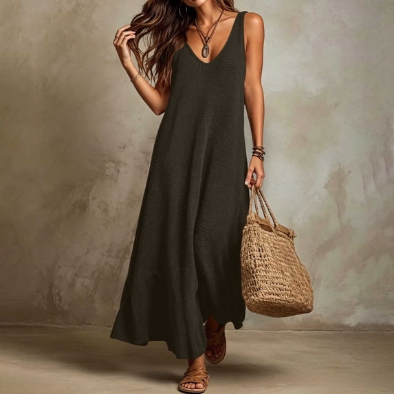 Women's Solid Color V-Neck Sleeveless Knit Sweater Dress, Lightweight Casual Midi