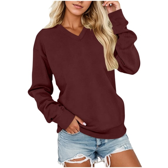 Women's Solid Color V-Neck Sweatshirt Long Sleeve Pullover Comfy Casual Fall Fashion Top | CSEONE,Wine S