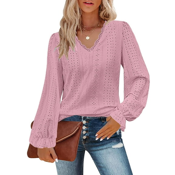 Women's Solid Color V-Neck T-Shirt, Cut Out Detail Ruffle Sleeve Top, Lace Trim Casual Blouse, Soft Comfortable Wear, Autumn Fashion Basic Tee, Floral Sleeve Design Pink L