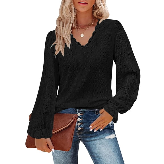 Women's Solid Color V-Neck T-Shirt, Cut Out Detail Ruffle Sleeve Top, Lace Trim Casual Blouse, Soft Comfortable Wear, Autumn Fashion Basic Tee, Floral Sleeve Design Black XXL