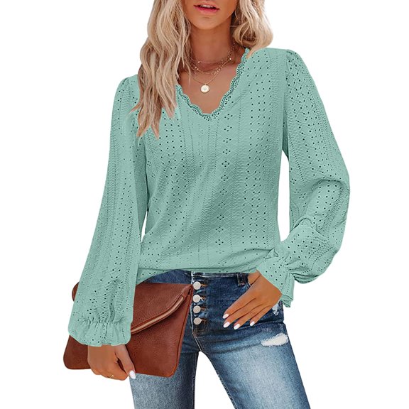 Women's Solid Color V-Neck T-Shirt, Cut Out Detail Ruffle Sleeve Top, Lace Trim Casual Blouse, Soft Comfortable Wear, Autumn Fashion Basic Tee, Floral Sleeve Design Light Green S