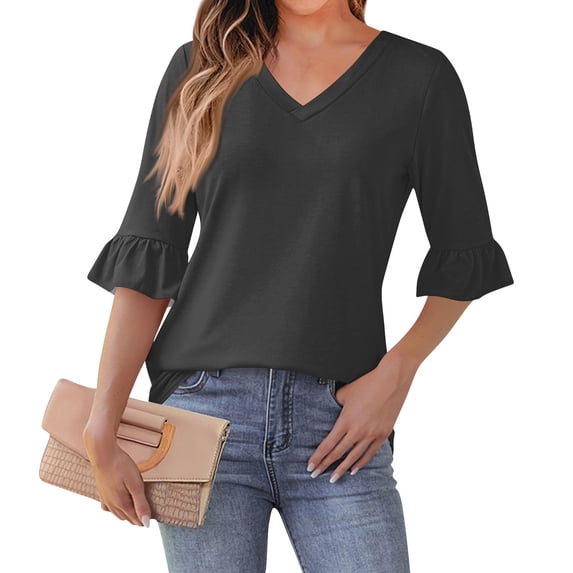 Women's Solid Color V Neck Tops 3/4 Ruffle Sleeve Casual Blouses Dressy Work Shirts Casual Office Top Loose Fit Shirts Tees