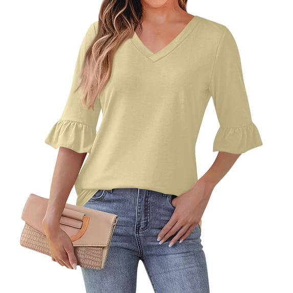 Women's Solid Color V Neck Tops 3/4 Ruffle Sleeve Casual Blouses Dressy Work Shirts Casual Office Top Loose Fit Shirts Tees