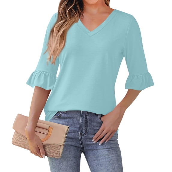 Women's Solid Color V Neck Tops 3/4 Ruffle Sleeve Casual Blouses Dressy Work Shirts Casual Office Top Loose Fit Shirts Tees
