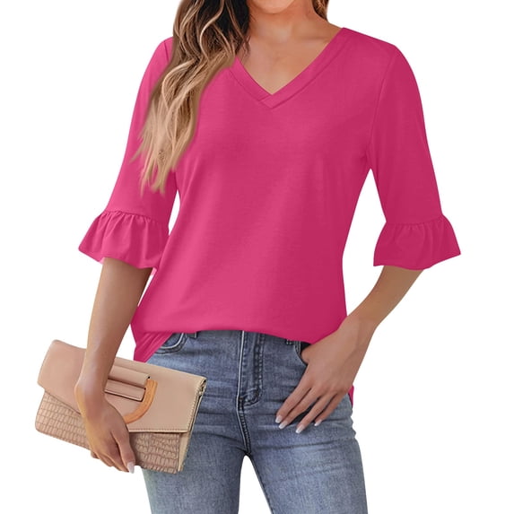 Women's Solid Color V Neck Tops 3/4 Ruffle Sleeve Casual Blouses Dressy Work Shirts Casual Office Top Loose Fit Shirts Tees