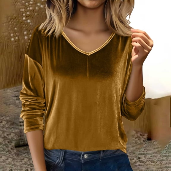 Women's Solid Color V Neck Velvet Top, Loose Fit Long Sleeve Casual Shirt, Soft Velvet Blouse for Holiday Parties, Winter Gatherings and Daily Wear Khaki L
