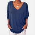 thumbnail image 1 of Women's Solid Color V-neck Blouses Bat Three-Quarter Sleeve Back Buttoned Shirts Tops, 1 of 1