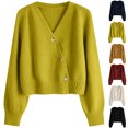 thumbnail image 1 of Women's Solid Color V-neck Breasted Short Loose Cardigan Sweater Jacket for Fall Winter Lightweight Outerwear,Red,One Size, 1 of 4