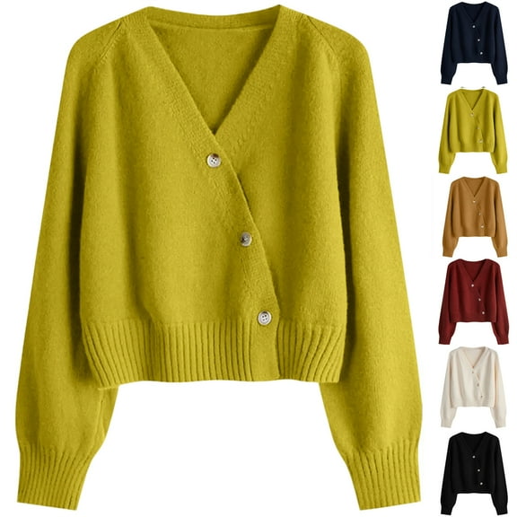 Women's Solid Color V-neck Breasted Short Loose Cardigan Sweater Jacket for Fall Winter Lightweight Outerwear,Red,One Size