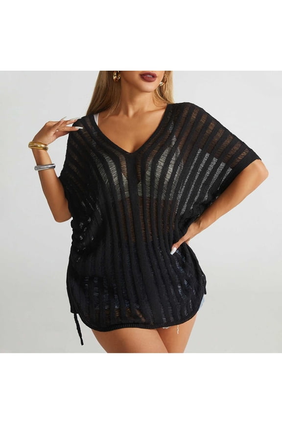 Women's Solid Color V-neck Short Sleeve Knitted Sweater, Hollowed Out Loose Fit Sun Protection Cover-up, Lightweight Swimsuit Jacket for Summer Beach, Casual and Stylish