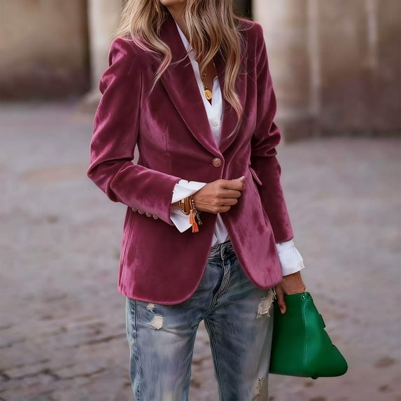 Women's Solid Color Velvet Blazer, Single Button Suit Jacket, Classic Notch Lapel Work Blazer, Soft Fall Winter Coat, Business Casual Jacket Brick Red L