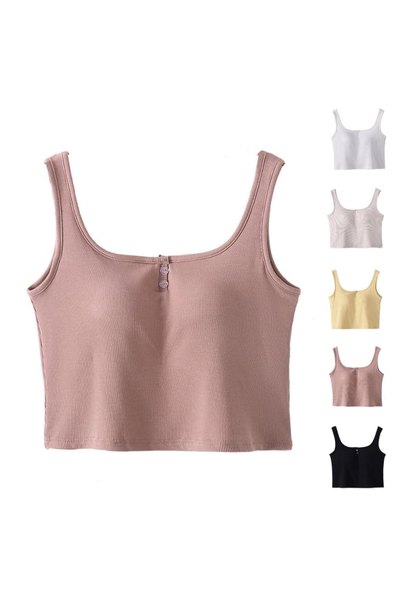Women's Solid Color Vest with Built-in Bra Wireless Padded Tank Top, Round Neck Seamless Bottoming Shirt, Breathable Elastic Camisole, Sleeveless Shaping Base Layer, Soft Daily Underwear Top