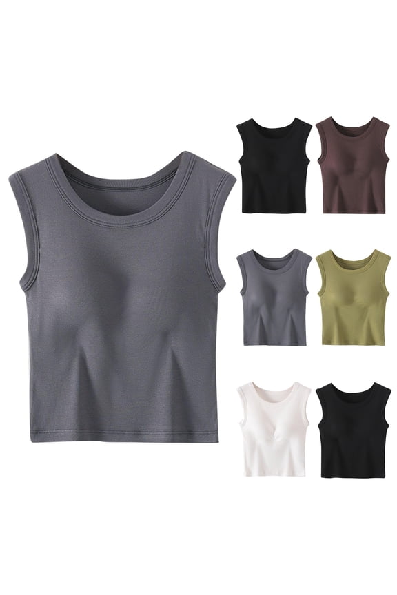 Women's Solid Color Vest with Built-in Bra Wireless Padded Tank Top, Round Neck Seamless Bottoming Shirt, Breathable Elastic Camisole, Sleeveless Shaping Base Layer, Soft Daily Underwear Top