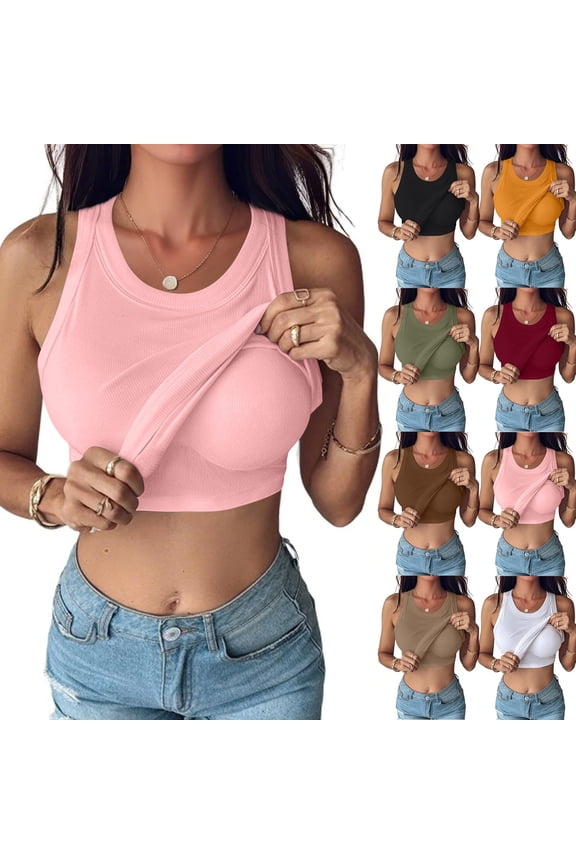 Women's Solid Color Vest with Built-in Bra Wireless Padded Tank Top, Round Neck Seamless Bottoming Shirt, Breathable Elastic Camisole, Sleeveless Shaping Base Layer, Soft Daily Underwear Top