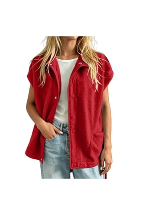 Women's Solid Color Vest Stand Collar Snap Button Sleeveless Vest Fluffy Layer Vests for Fall and Winter Red S
