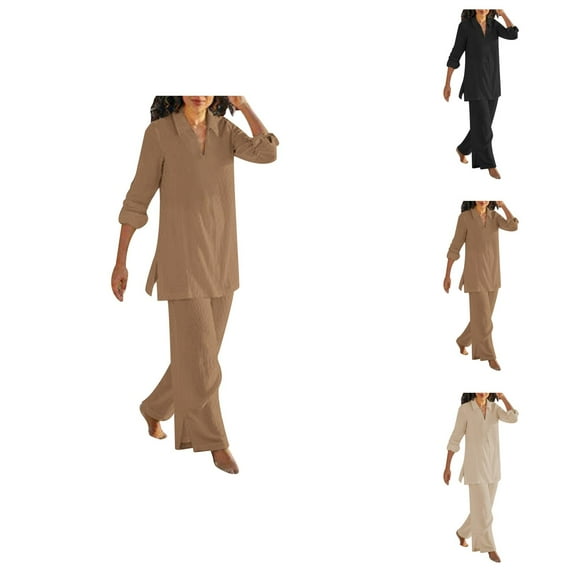 Women's Solid Color Vintage Pants Suit Casual Long Sleeved Loose Suit Womens Pants Summer