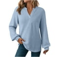 thumbnail image 1 of Women's Solid Color Waffle-Knit T-Shirt Casual Soft Long-Sleeve V-Neck Loose Shirt Top, 1 of 7