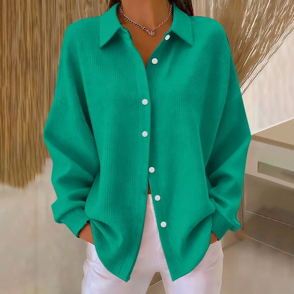 Women's Solid Color Waffle Texture Button Shirt, Soft Long Sleeve Blouse, Comfortable Casual Top, Lightweight Everyday Wear, Versatile Seasonal Layering Piece, Relaxed Fit Cardigan Style Mint Green