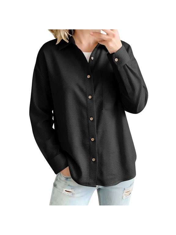 Women's Solid Color Waffle Textured Loose Oversized Button Down Long Sleeve Shacket Shirt Jacket with Chest Pocket, Soft Lightweight Breathable Casual Outerwear for Spring Fall Winter, Travel Black