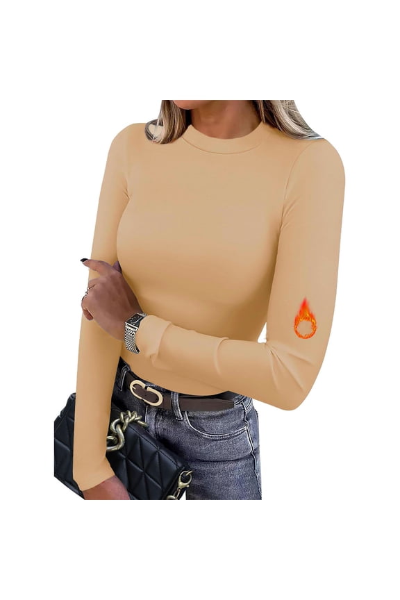 Women's Solid Color Warm Round Neck Long Sleeve Base Layer Tops Shirts Blouses Casual Daily Wear Loungewear Travel Fashion Essential Gift for Women | Sopatenor,Beige XL