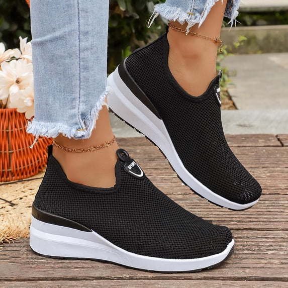 Women's Solid Color Wedge Heel On Loafers Soft Sole Cushioned Lightweight Breathable Non Comfortable Casual Walking Shoes For Daily Wear Black 36