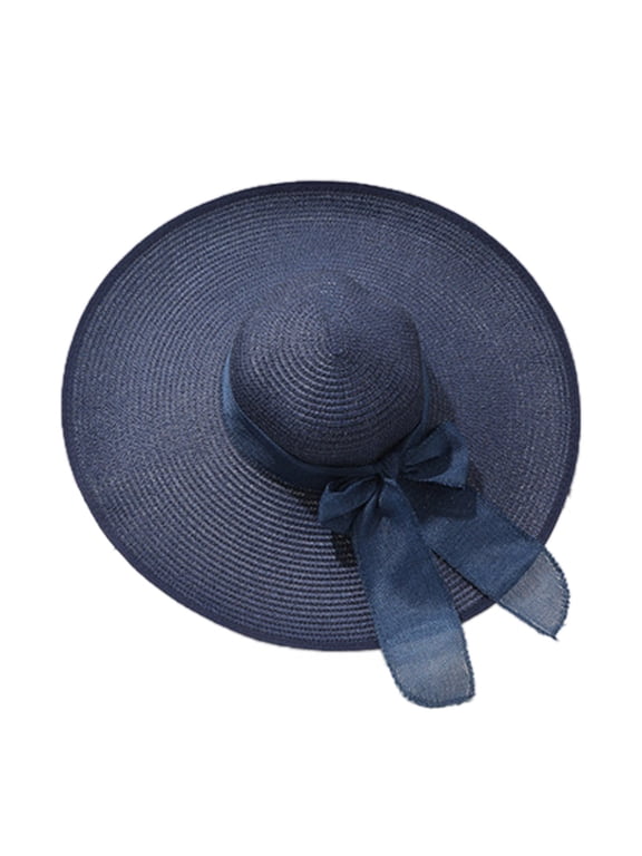Women's Solid Color Wide Brim Straw Beach Hat, UPF 50+ Sun Protection Fisherman Hat for Summer Vacation, Outdoor Activities, and Coastal Trips, Lightweight and Breathable for All-Day Wear Navy