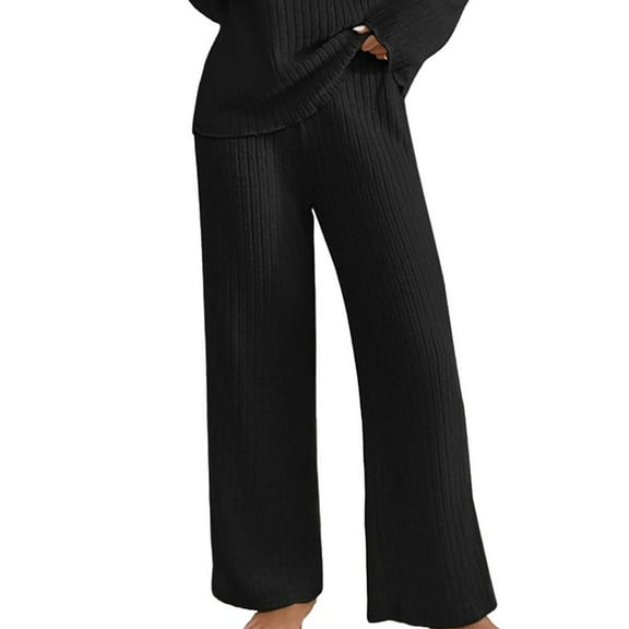 Women's Solid Color Wide Leg Casual Pants with Elastic Waist, Warm Wool Blend 4-Way Stretch Thermal Lounge Pants for Autumn Winter, Comfortable for Yoga, Dog Walking and Home Activities Black XL