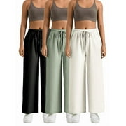 FOX CLAW Women's Solid Color Wide Leg Pants Black, Green, White Three Piece Set