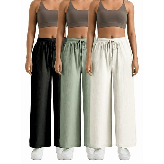 Women's Solid Color Wide Leg Pants Black, Green, White Three Piece Set