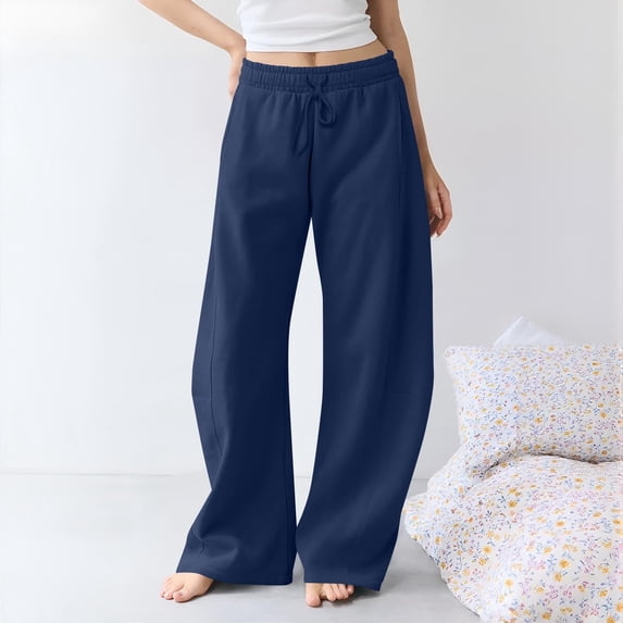 Women's Solid Color Wide-Leg Pants - Elastic Waist Side Pockets, Soft Comfy Casual Full-Length Pants Perfect for Commute, Shopping & Weekend Brunch Navy L