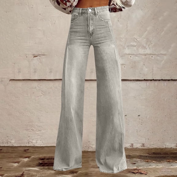 Women's Solid Color Wide Leg Pants, High Waist 90s Style Jeggings with Back Pockets, Casual Streetwear Denim Look Pull-On Pants for 2025 Summer Fashion Grey