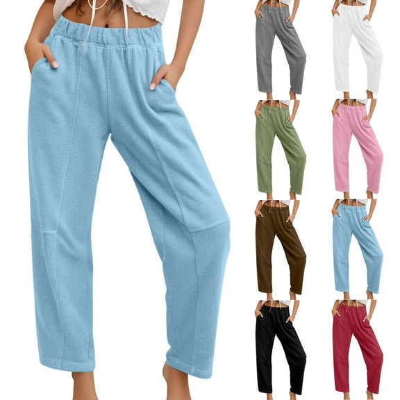 Women's Solid Color Wide Leg Pants with Elastic Waistband, Casual Long Pants with Belt Loops And Pockets.