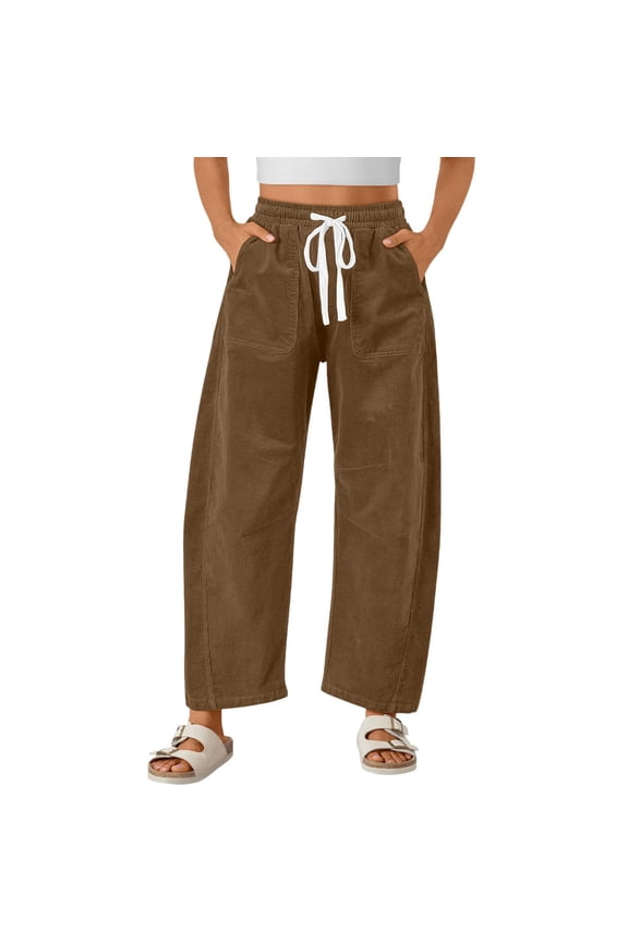 Women's Solid Color Wide Leg Straight Pants - Casual Fashion Elastic Waist Drawstring With Pockets, Light Brown Size M