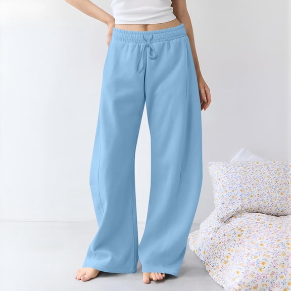 Women's Solid Color Wide Leg Sweatpants, Drawstring Casual Elastic Baggy Pants with Pockets Loungewear Sports Long Trousers Light Blue M