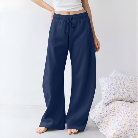 Women's Solid Color Wide Leg Sweatpants, Drawstring Casual Elastic Baggy Pants with Pockets Loungewear Sports Long Trousers Navy 4XL