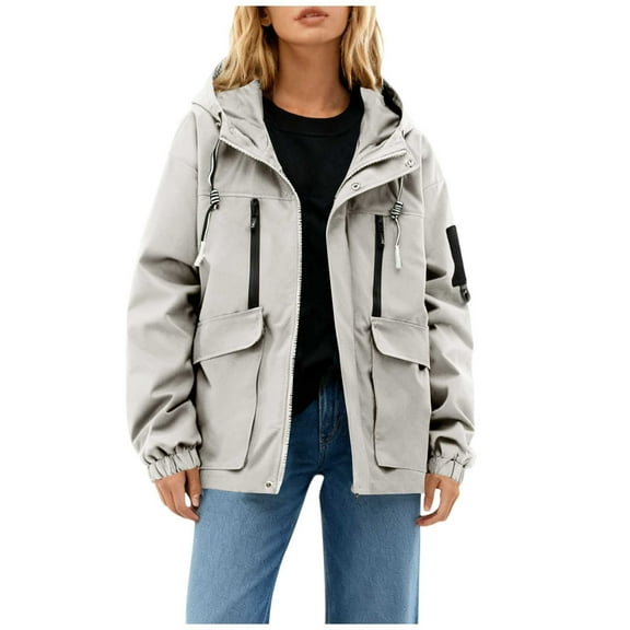 Women's Solid Color Windbreaker Windproof Jacket Long Sleeved Drawstring Hooded Coat with Zipper Pocket