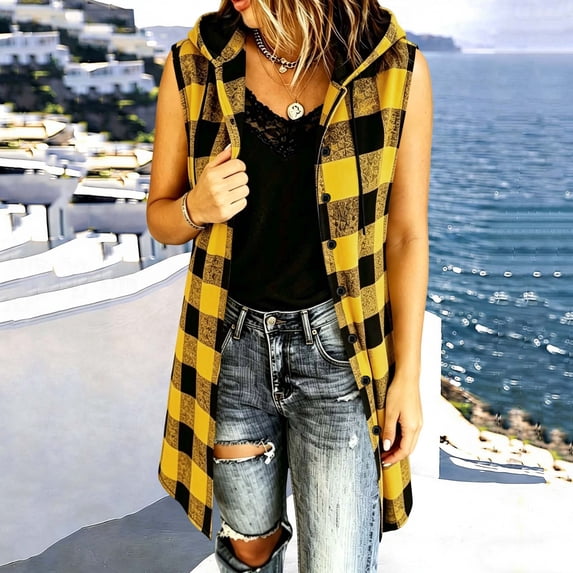 Women's Solid Color Winter Fashion Mid Length Checkered Sleeveless Hooded Jacket For Stylish Layering