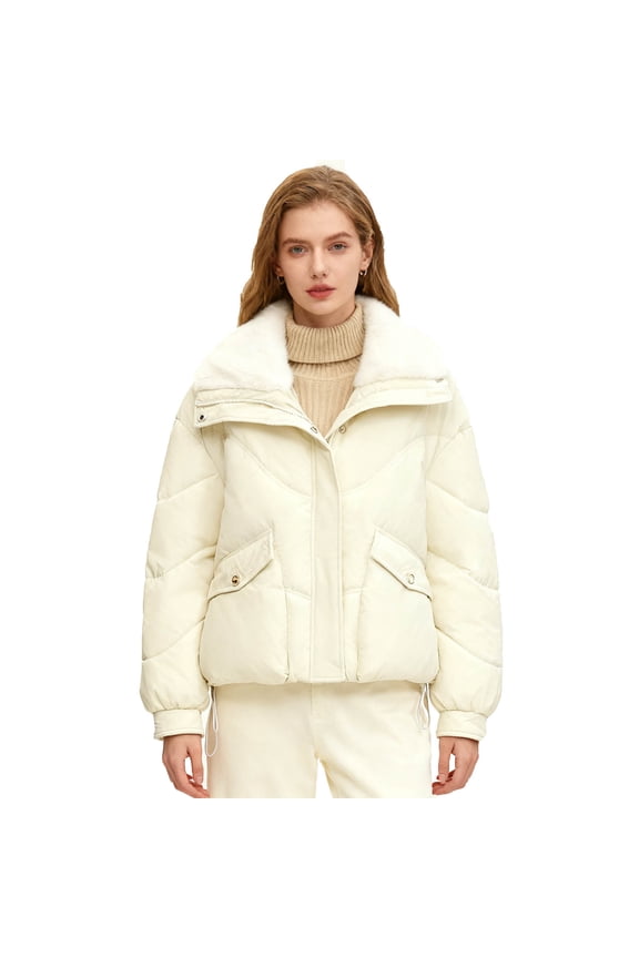Women’s Solid Color Winter Padded Coat with Faux Fur Turn Down Collar Short Thermal Quilted Insulated Jacket Warm Outerwear for Everyday Cold Weather Wear