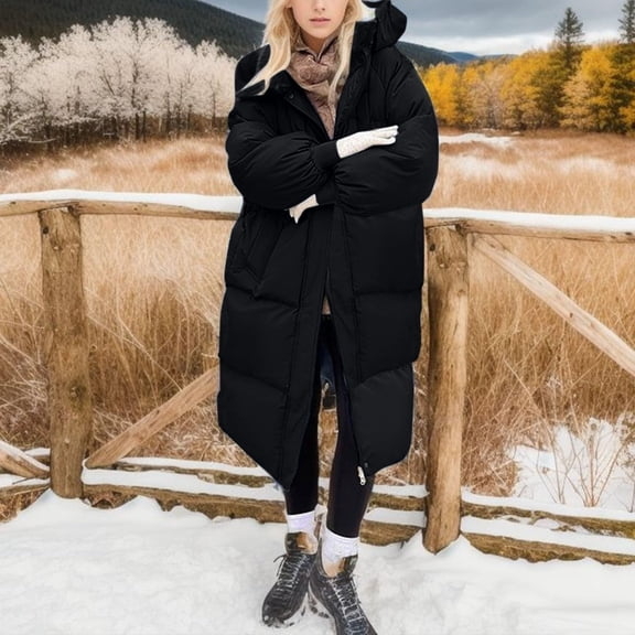 Women's Solid Color Winter Thickened Loose Long Over-The-Knee Cotton Coat, Puffer Jacket, Overcoat Black XXL