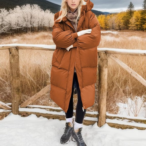 Women's Solid Color Winter Thickened Loose Long Over-The-Knee Cotton Coat, Puffer Jacket, Overcoat Orange XXL
